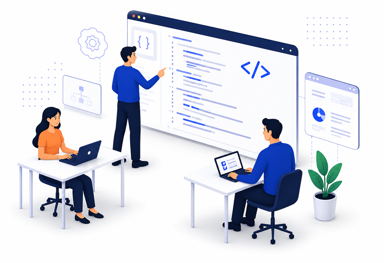 Our team collaborating on code, architecture, and product dashboards
