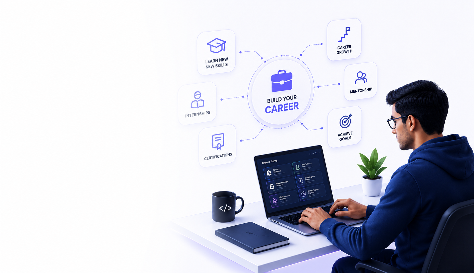 Professional at a desk building their career with learning, mentorship, and growth paths highlighted