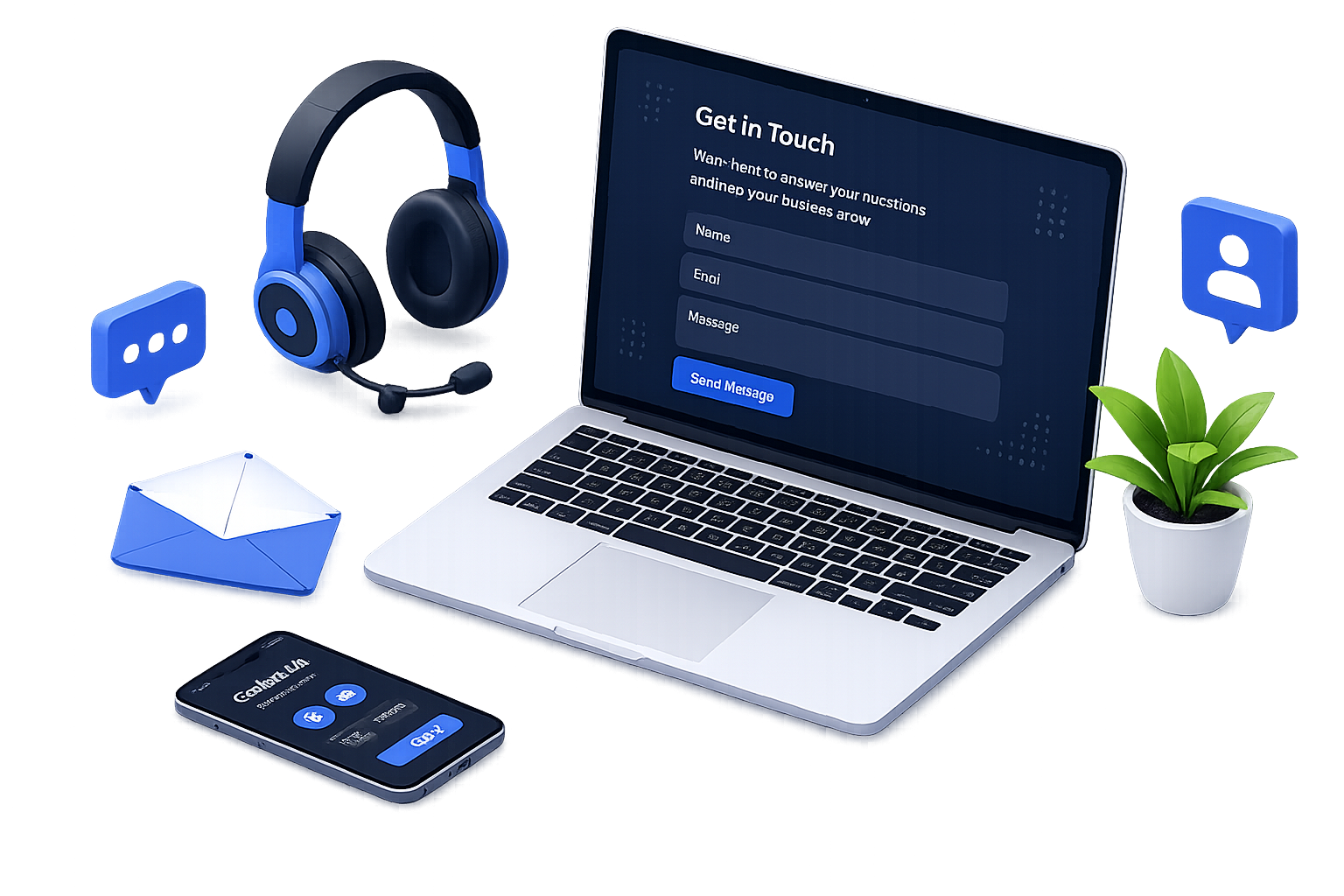 Laptop with a Get in Touch contact form, headphones, and messaging icons