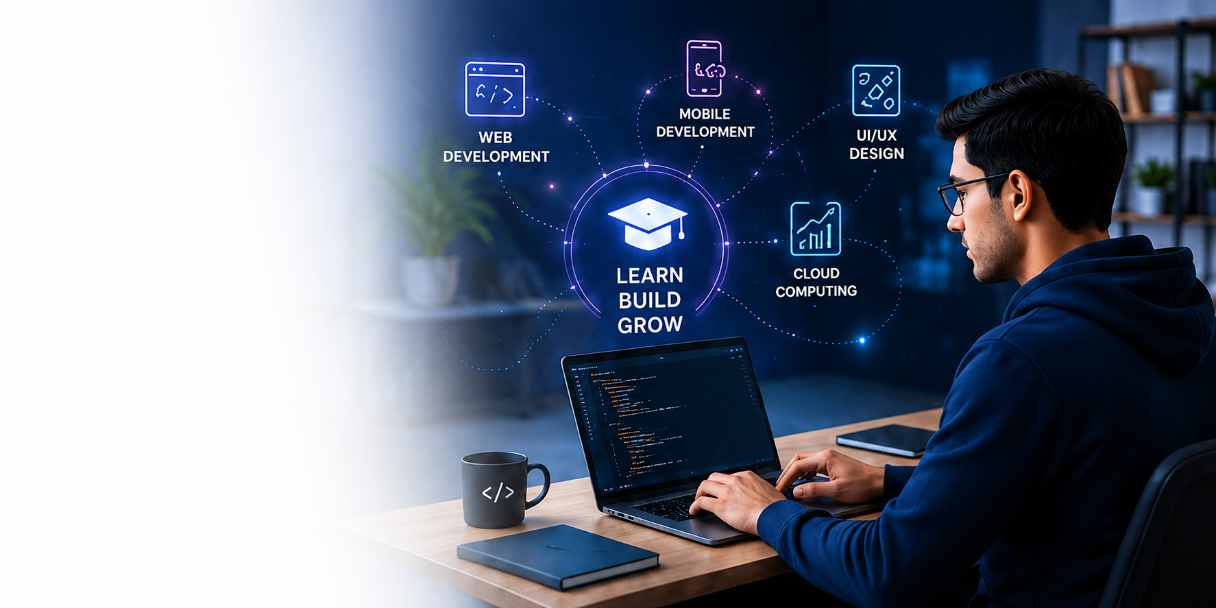 Intern coding at a desk with web, mobile, UI/UX, and cloud learning tracks highlighted